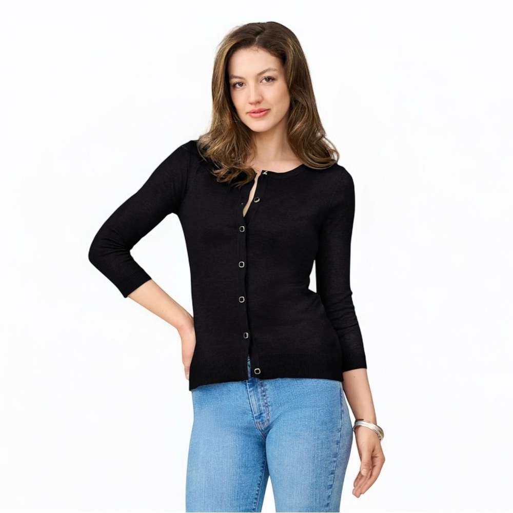 Cable & Gauge Black Cardigan Sweater Petite Small Knit 3/4 Sleeve Button Front